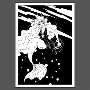 dessin en noir et blanc en digital painting d'une sirène