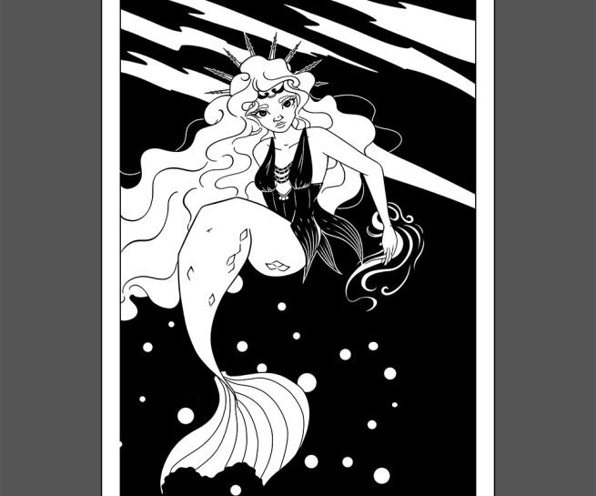 dessin en noir et blanc en digital painting d'une sirène