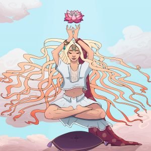 dessin en digital painting d'une femme atteignant l'asenscion en méditation en position du lotus et lévite