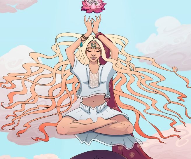 dessin en digital painting d'une femme atteignant l'asenscion en méditation en position du lotus et lévite