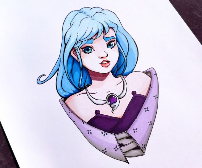 dessin aux feutres marker d'un portrait d'une femme aux cheveux bleus