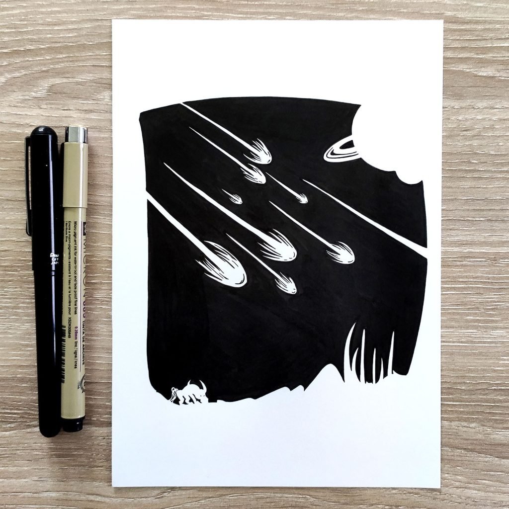 dessin en noir et blanc à l'encre d'une collision de météorites dans un paysage de science fiction