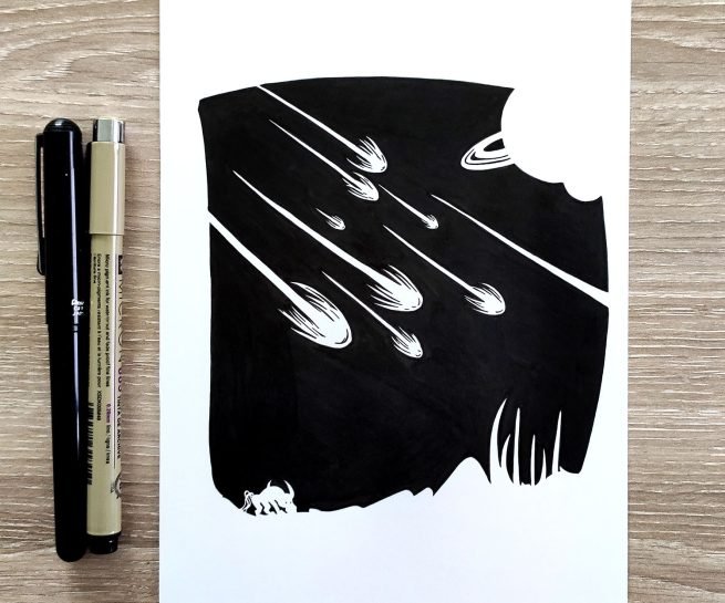 dessin en noir et blanc à l'encre d'une collision de météorites dans un paysage de science fiction