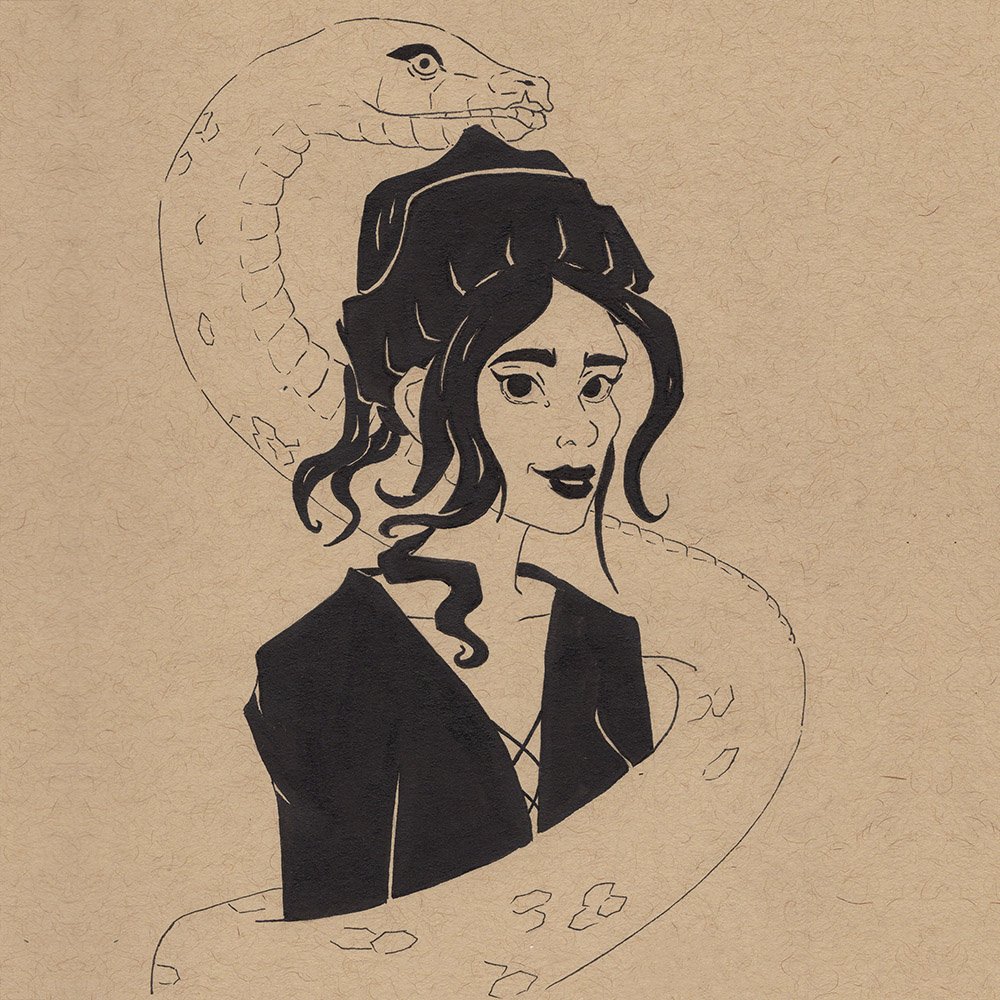 dessin en noir et blanc à l'encre sur papier toned tan d'une femme et de son énorme serpent