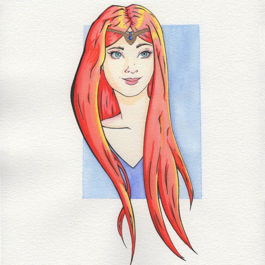 dessin à l'aquarelle d'une femme rousse avec un diadème en or