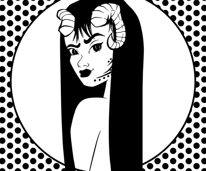 dessin en noir et blanc à l'encre d'un portrait d'une démone à cornes et fond à poids