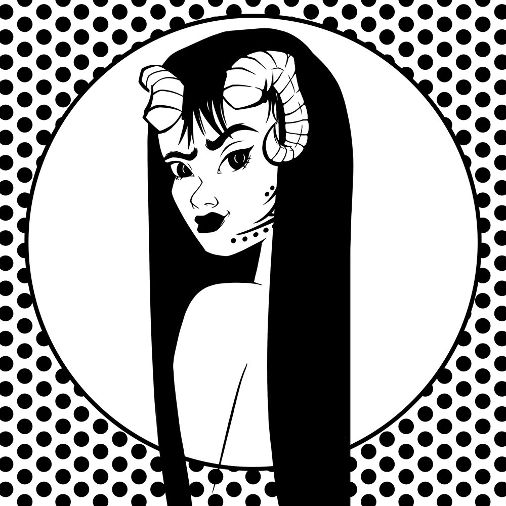 dessin en noir et blanc à l'encre d'un portrait d'une démone à cornes et fond à poids