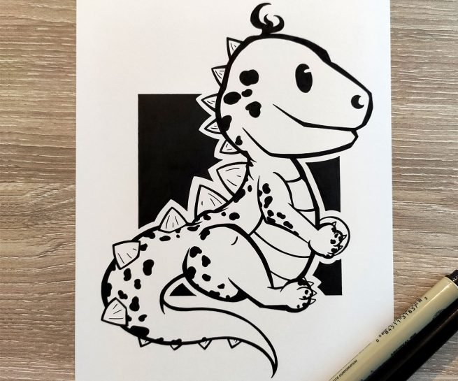 dessin en noir et blanc à l'encre d'un bébé dragon