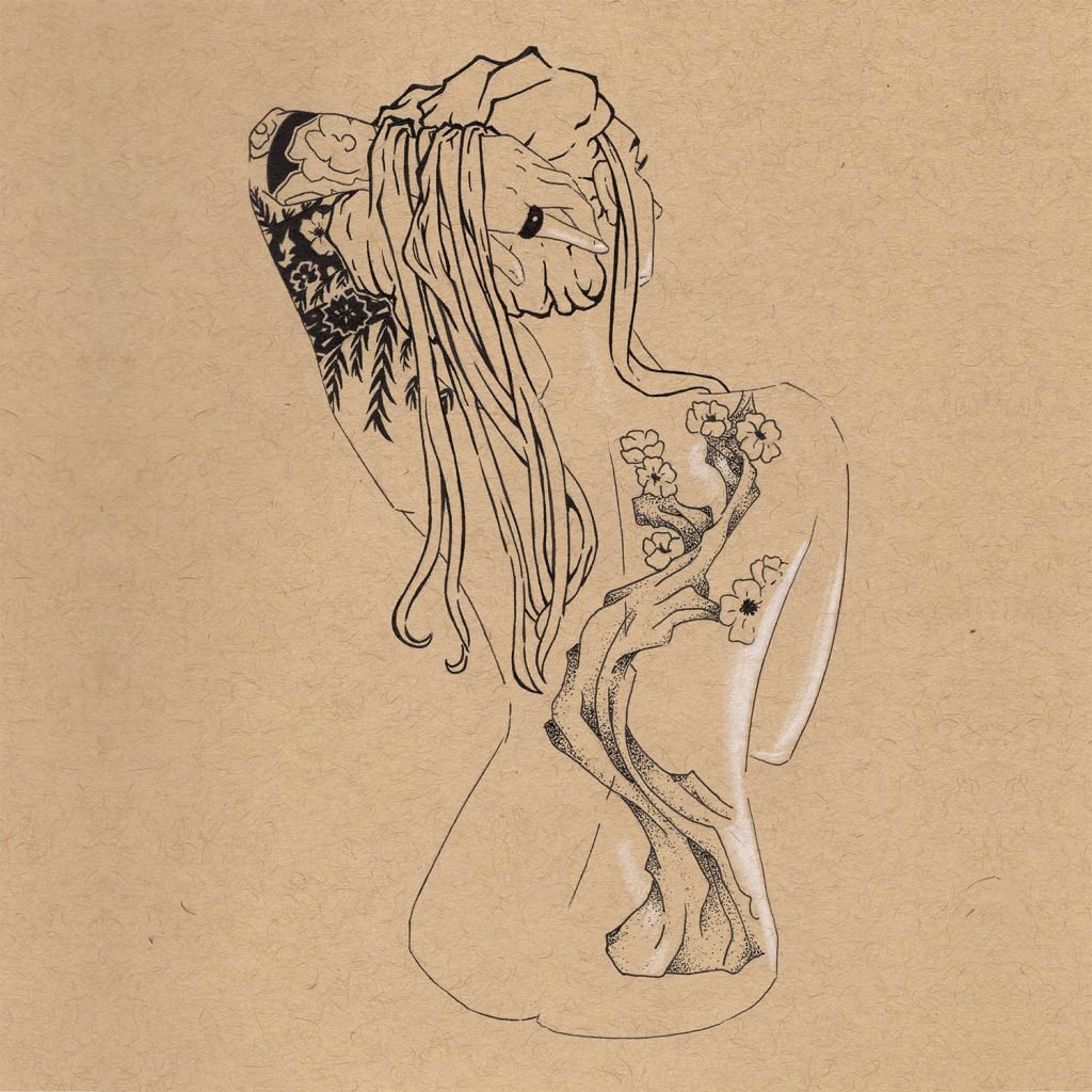 dessin en noir et blanc à l'encre sur feuille toned tan du dos et bras tatoué d'une femme