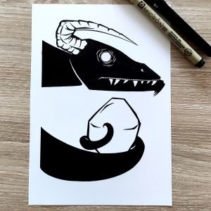 dessin en noir et blanc à l'encre d'un dragon qui garde une pierre précieuse