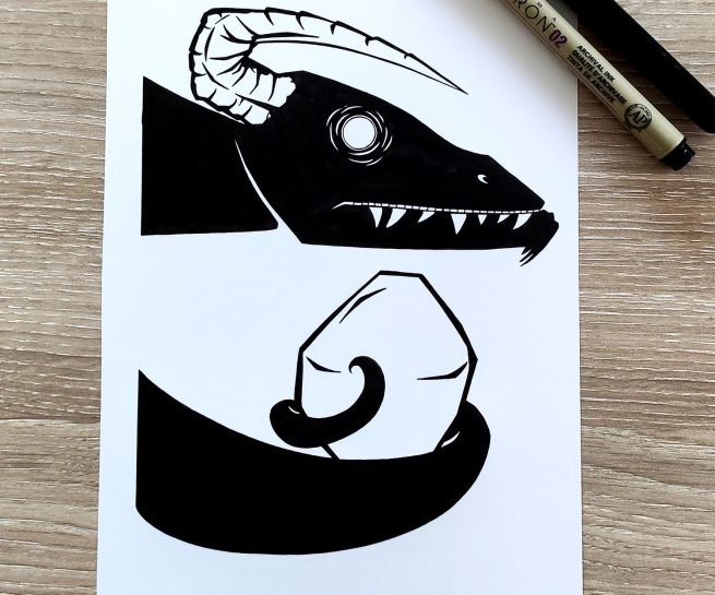 dessin en noir et blanc à l'encre d'un dragon qui garde une pierre précieuse