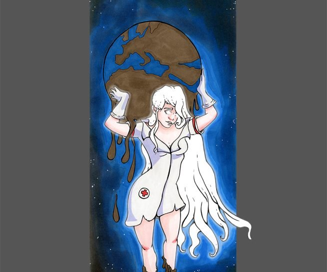 dessin aux feutres marker d'une infirmère portant le monde sur ses épaules