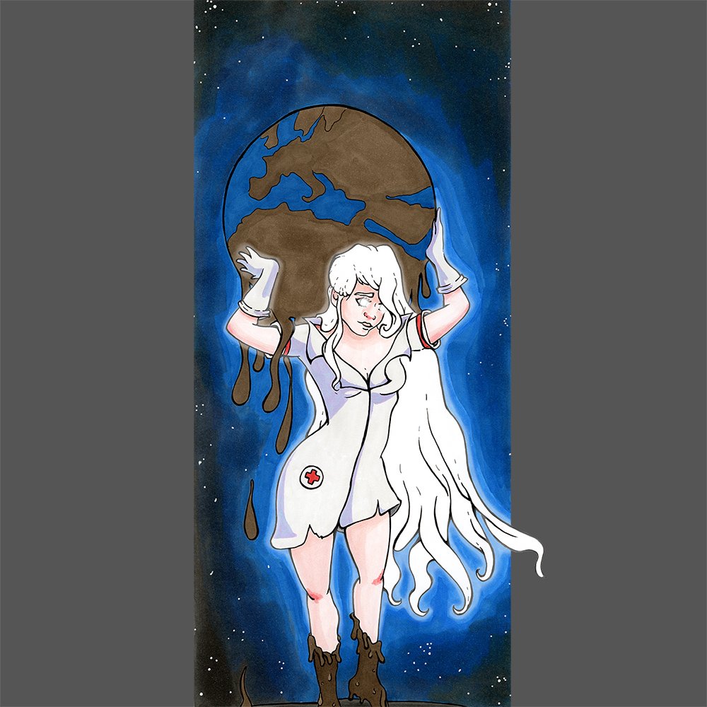 dessin aux feutres marker d'une infirmère portant le monde sur ses épaules