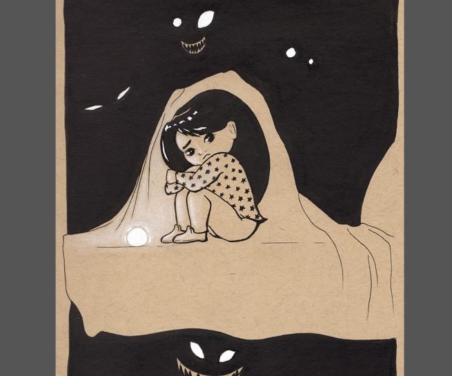dessin en noir et blanc à l'encre sur papier toned tan d'un enfant effrayé par le noir sous un drap nyctophobie
