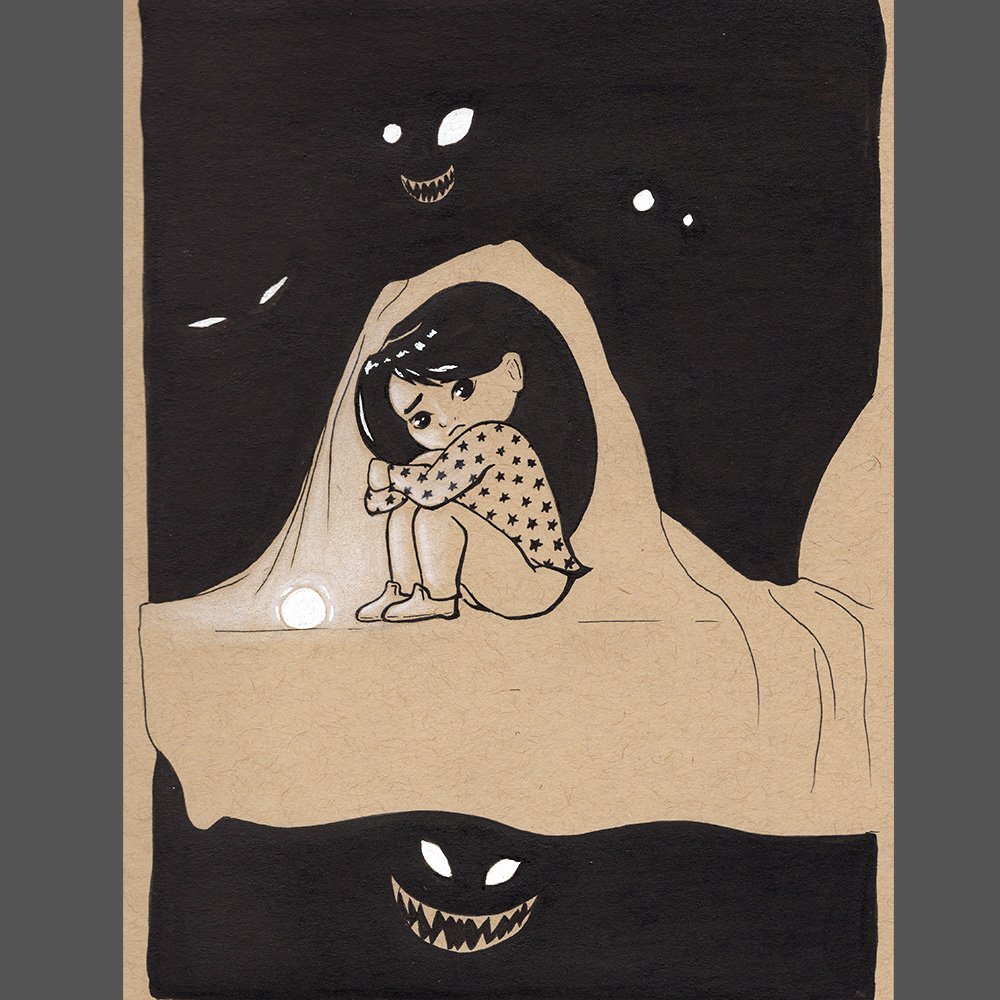 dessin en noir et blanc à l'encre sur papier toned tan d'un enfant effrayé par le noir sous un drap nyctophobie