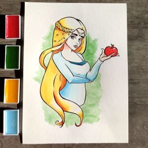 dessin à l'aquarelle de la déesse de la fertilité dans la mythologie scandinave Idunn qui tient une pomme