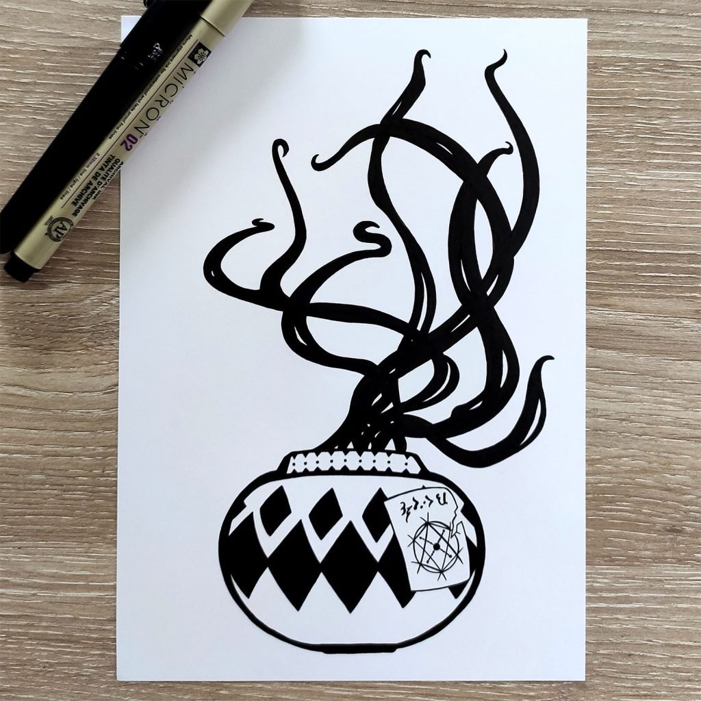 dessin en noir et blanc à l'encre d'un monstre qui s'échappe d'une urne scellée
