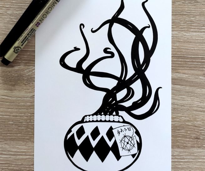 dessin en noir et blanc à l'encre d'un monstre qui s'échappe d'une urne scellée