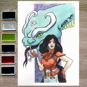 dessin à l'aquarelle et encre argenté d'une invocatrice de dragon avec son armure de cuir
