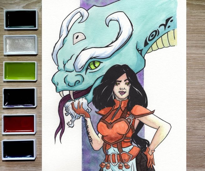 dessin à l'aquarelle et encre argenté d'une invocatrice de dragon avec son armure de cuir