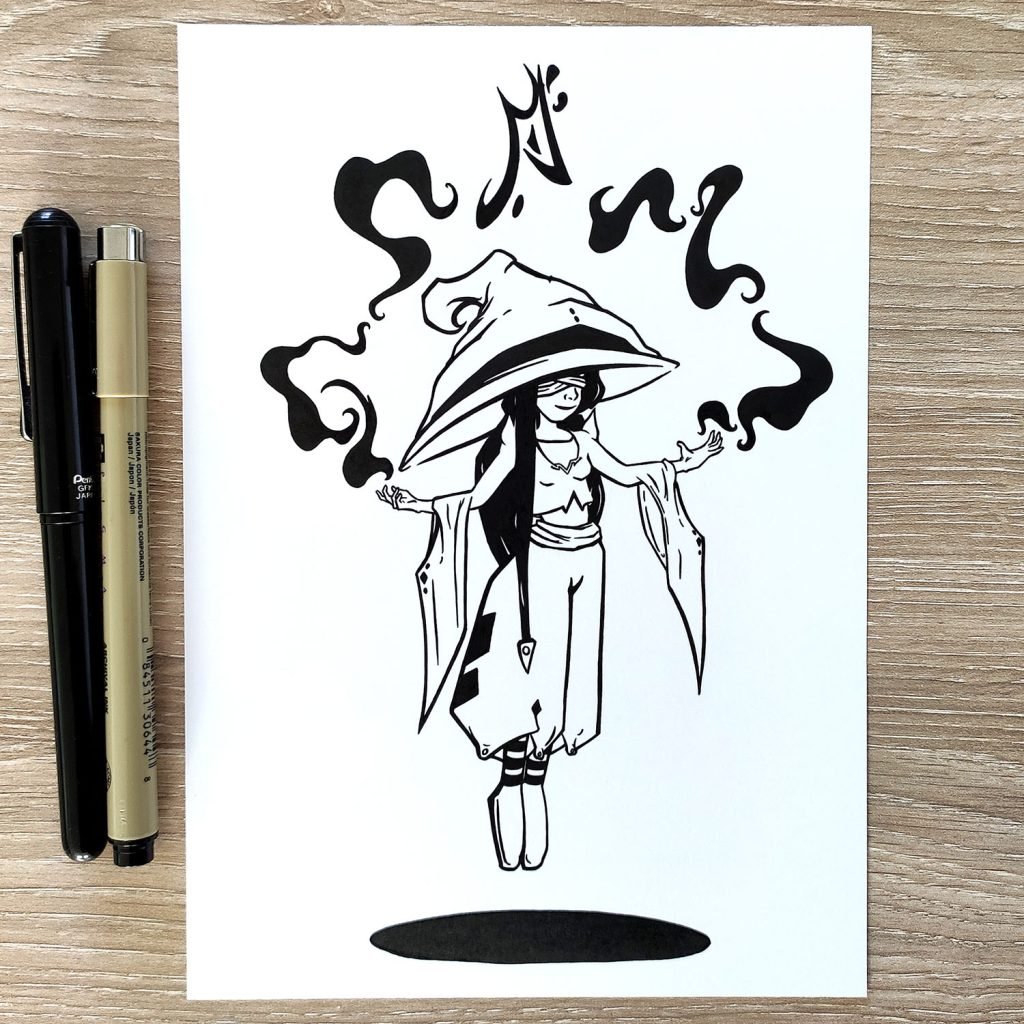 dessin en noir et blanc à l'encre d'un mage en incantation de runes lévitant