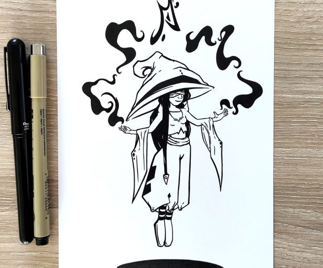 dessin en noir et blanc à l'encre d'un mage en incantation de runes lévitant