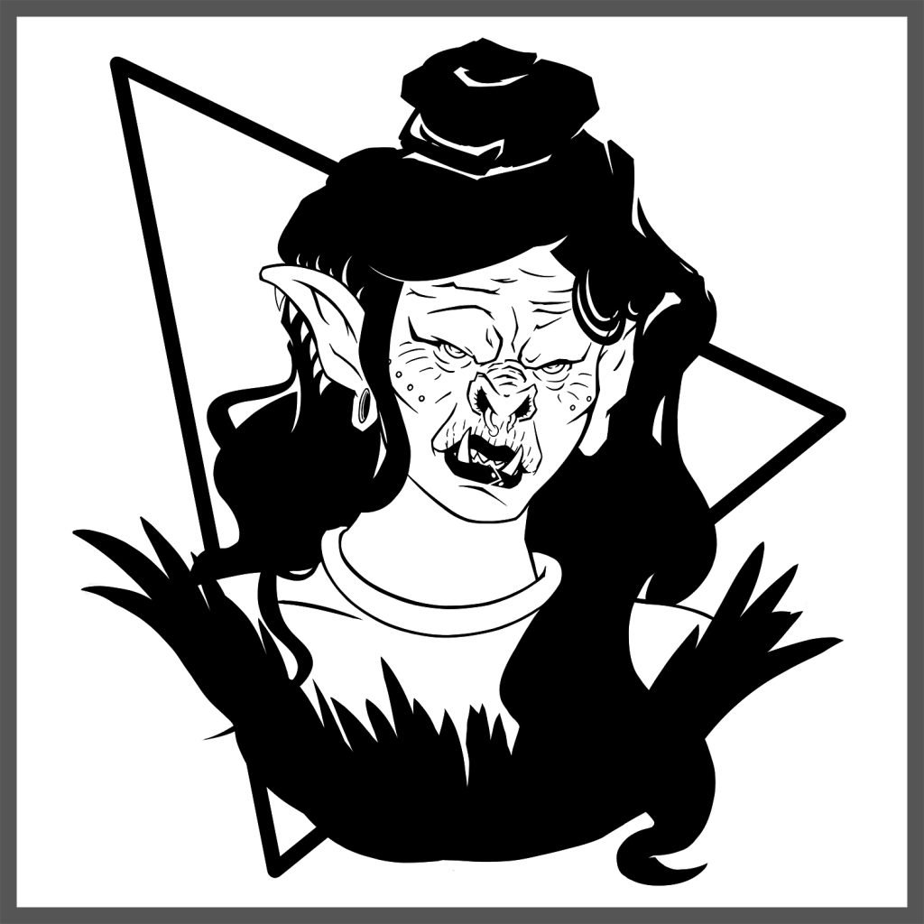 dessin en noir et blanc en digital painting d'un portrait d'une orcque