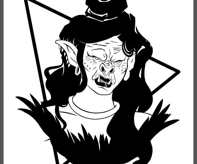 dessin en noir et blanc en digital painting d'un portrait d'une orcque