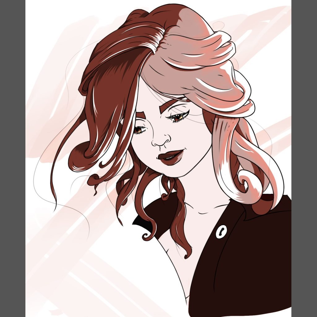 dessin en digital painting d'un portrait d'une femme pensive