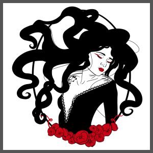 dessin en noir et blanc d'un buste de femme aux longs cheveux ondulant avec des coquelicots rouges