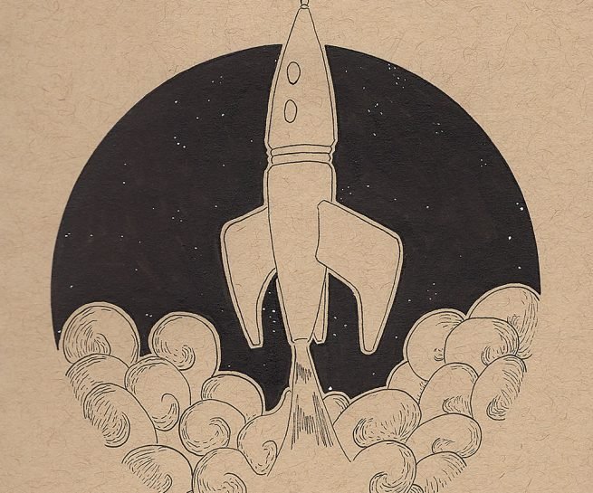 dessin en noir et blanc à l'encre sur papier toned tan d'une fusée