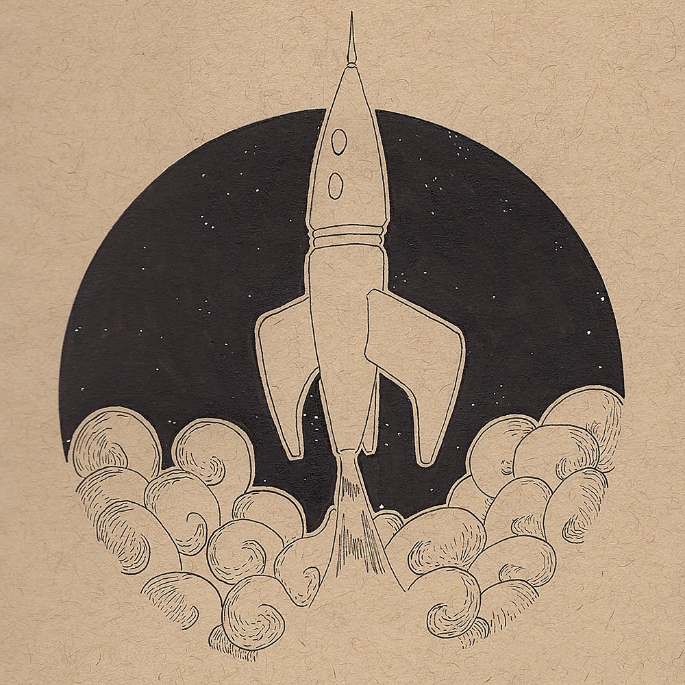 dessin en noir et blanc à l'encre sur papier toned tan d'une fusée