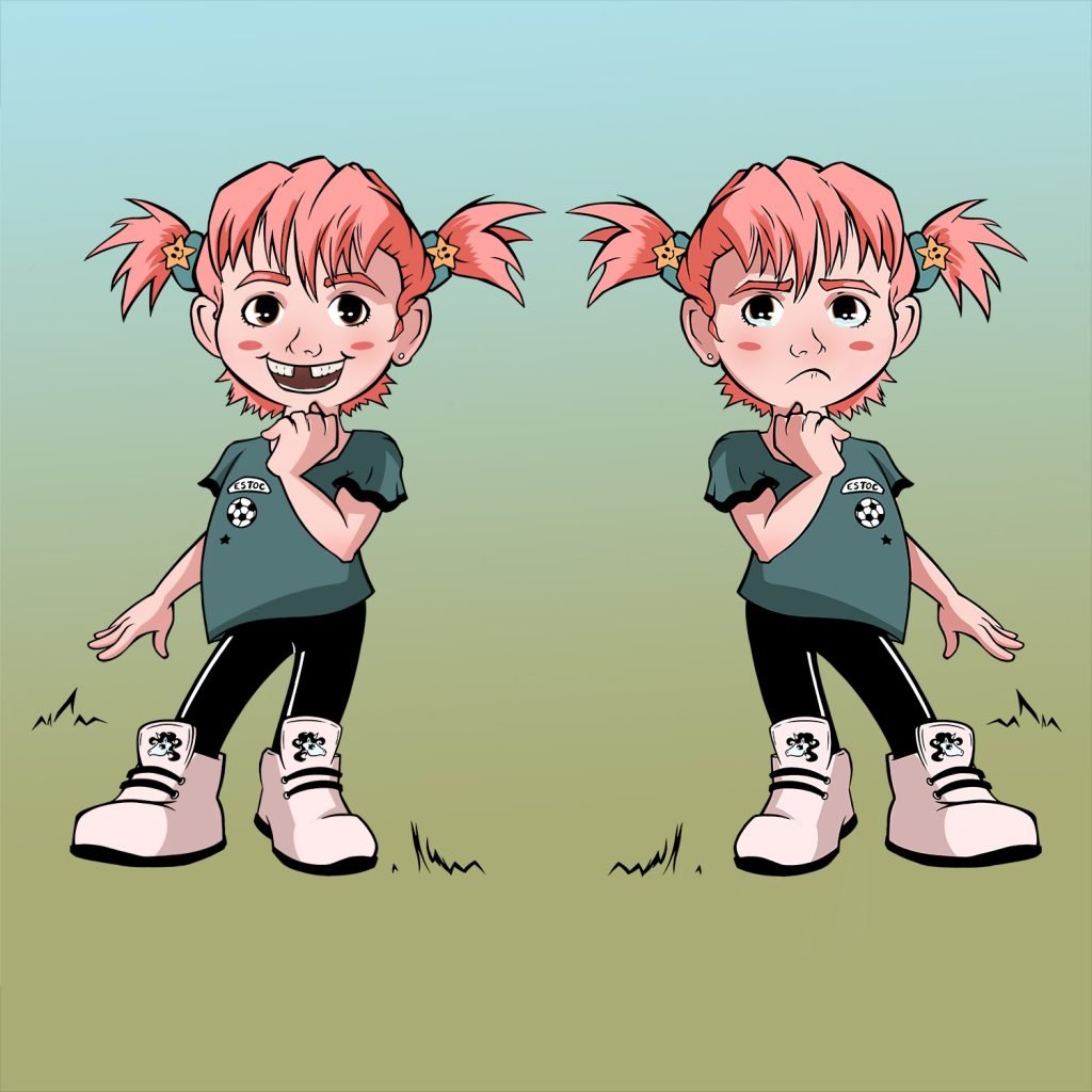 dessin en digital painting d'une fillette triste et heureuse supportrice de football