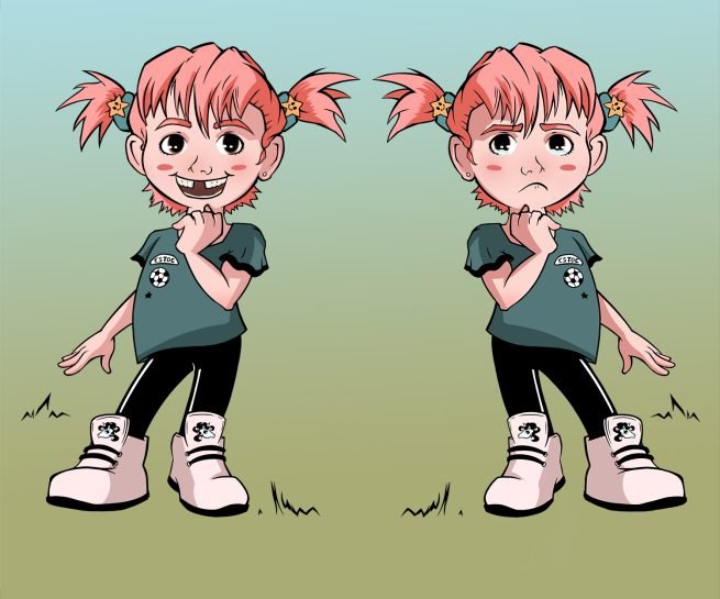 dessin en digital painting d'une fillette triste et heureuse supportrice de football