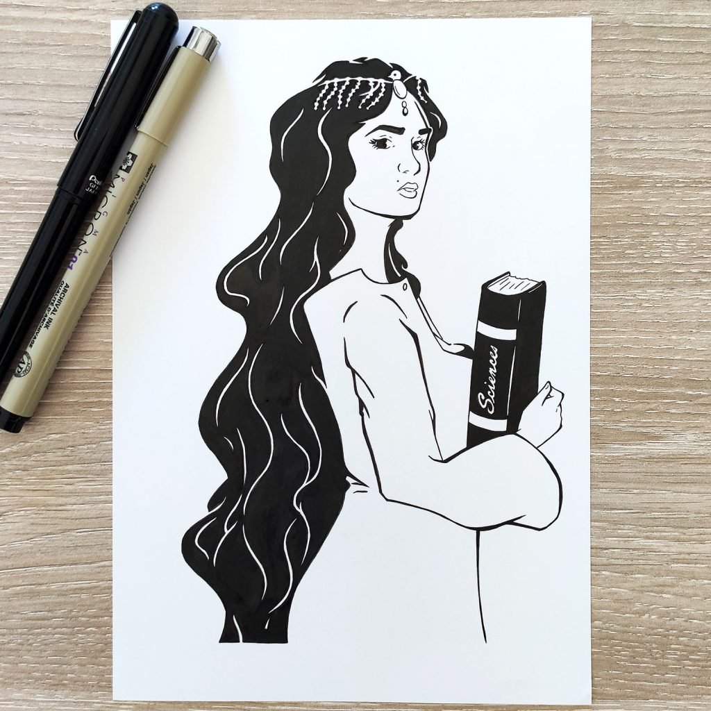 dessin en noir et blanc à l'encre d'une femme érudit à diadème et longue chevelure