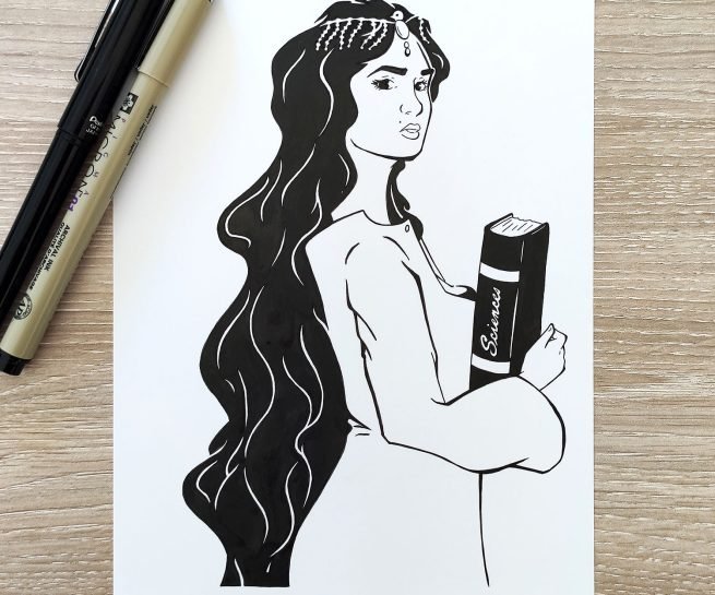 dessin en noir et blanc à l'encre d'une femme érudit à diadème et longue chevelure