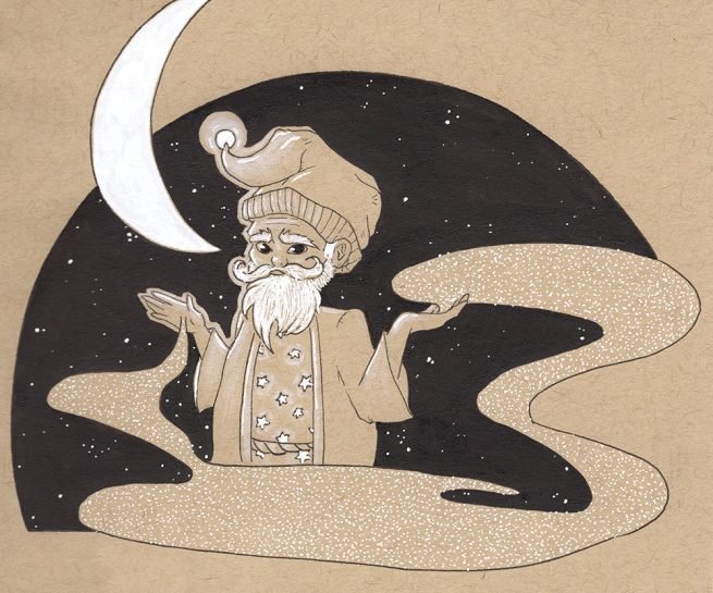 dessin en noir et blanc à l'encre sur papier toned tan du portrait d'un marchant de sable