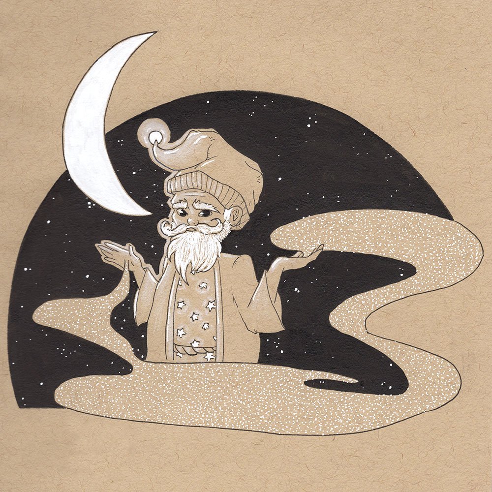 dessin en noir et blanc à l'encre sur papier toned tan du portrait d'un marchant de sable