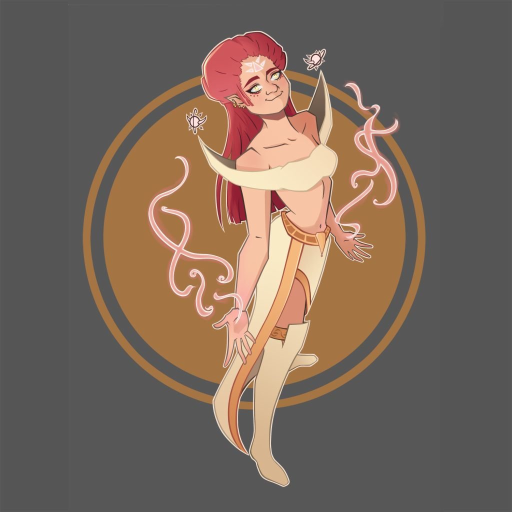 dessin en digital painting d'une magicienne de la lumière rousse