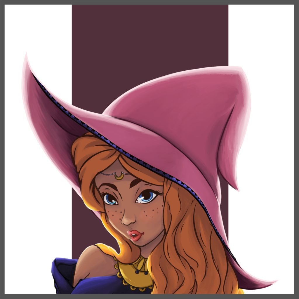 dessin en digital painting d'un portrait d'une sorcière rousse avec son chapeau