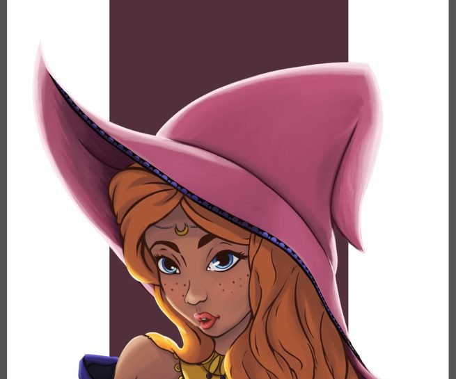 dessin en digital painting d'un portrait d'une sorcière rousse avec son chapeau
