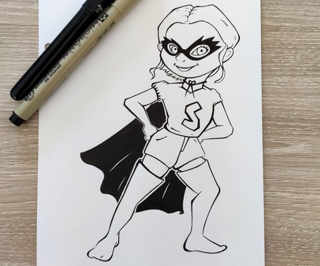dessin en noir et blanc à l'encre d'une jeune fille déguisée en supergirl