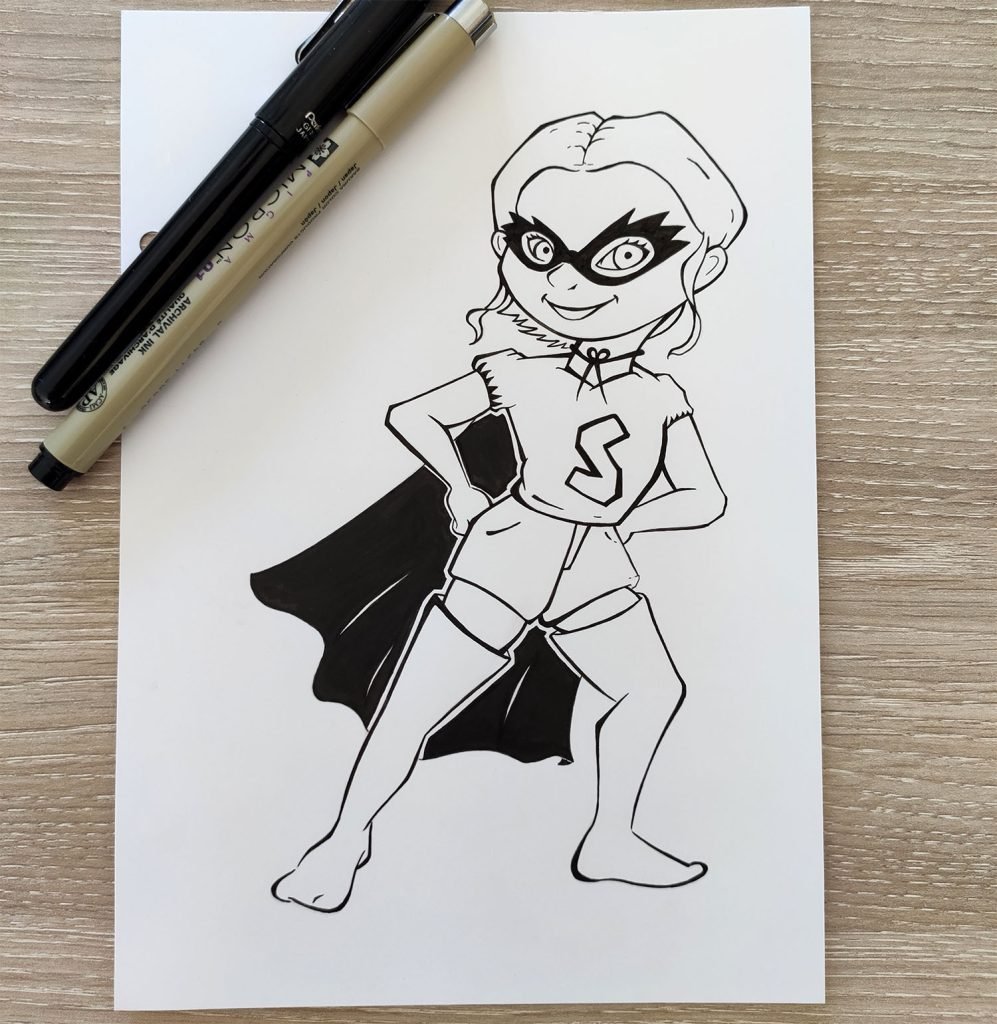 dessin en noir et blanc à l'encre d'une jeune fille déguisée en supergirl