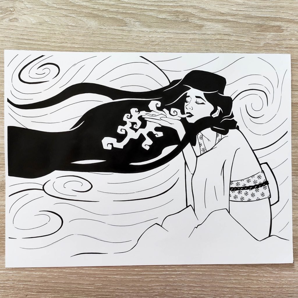 dessin en noir et blanc à l'encre du yokaï Yuki-onna qui souffle sa brise glacée