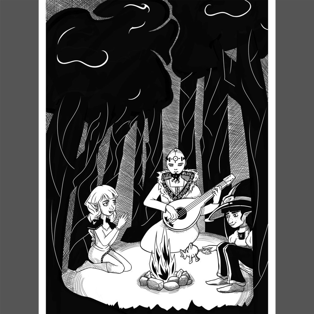 dessin en noir et blanc d'un feu de camp entre amis musiciens