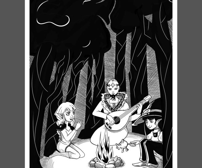 dessin en noir et blanc d'un feu de camp entre amis musiciens