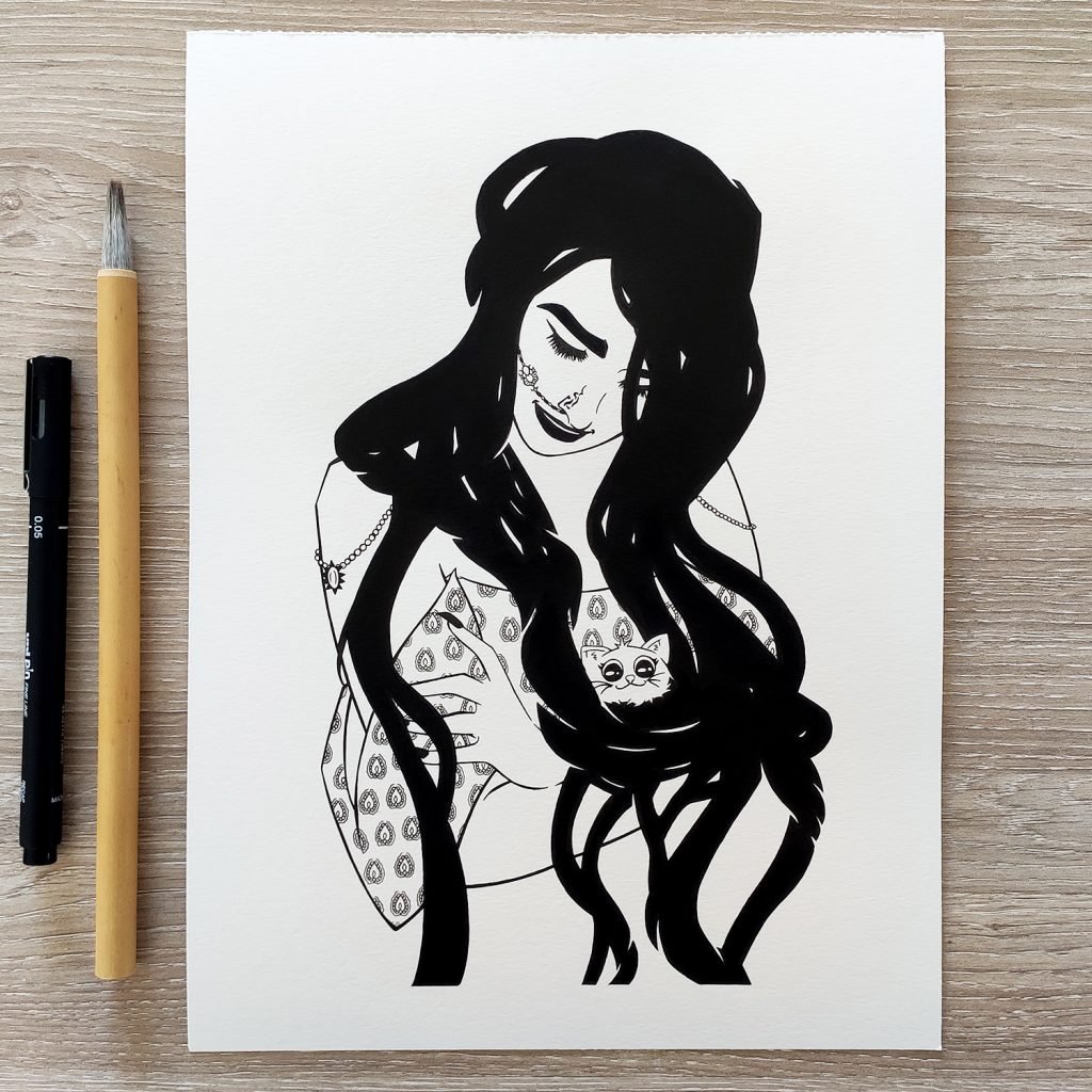 dessin en noir et blanc à l'encre d'une femme qui caline un chat