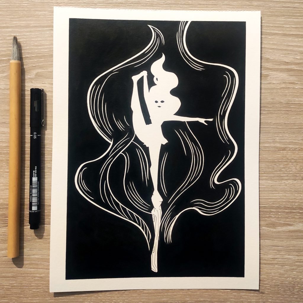 dessin en noir et blanc à l'encre danseuse sur une allumette